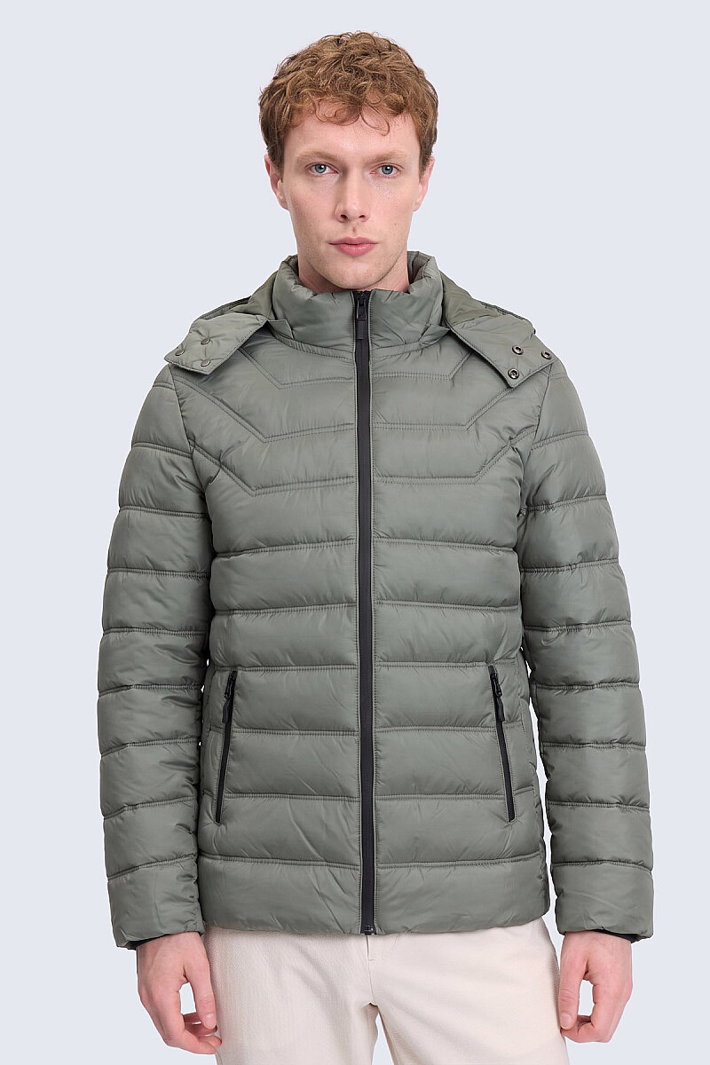 Haki Slim Fit Hakim Yaka Kapüşonlu Şişme Mont