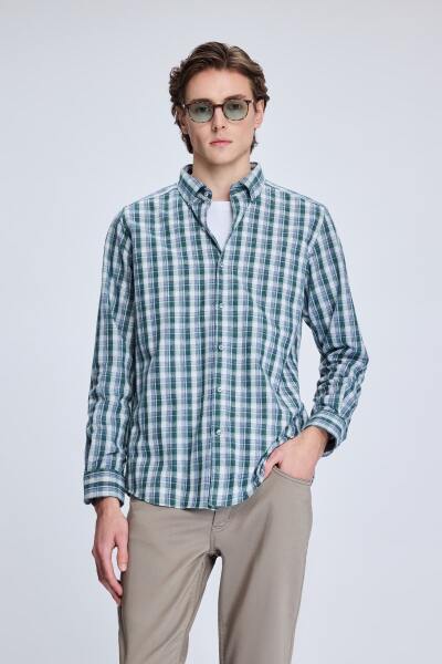 Haki Slim Fit Kareli Düğmeli Yaka Uzun Kollu Pamuklu Gömlek 
