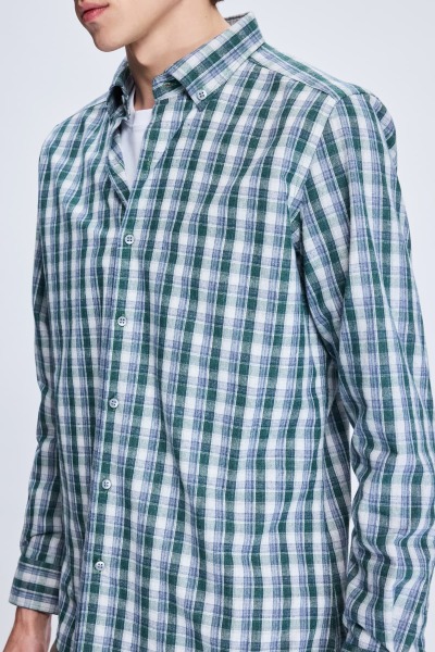 Haki Slim Fit Kareli Düğmeli Yaka Uzun Kollu Pamuklu Gömlek - 4