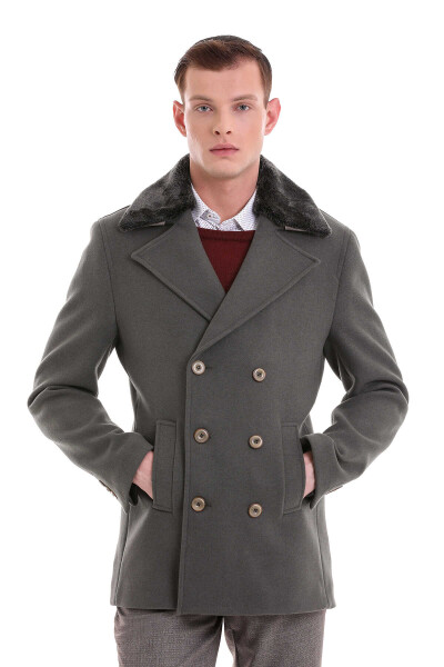 Haki Slim Fit Kürklü Kruvaze Yünlü Kaban 