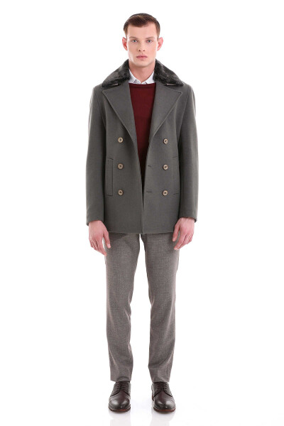 Haki Slim Fit Kürklü Kruvaze Yünlü Kaban - 2