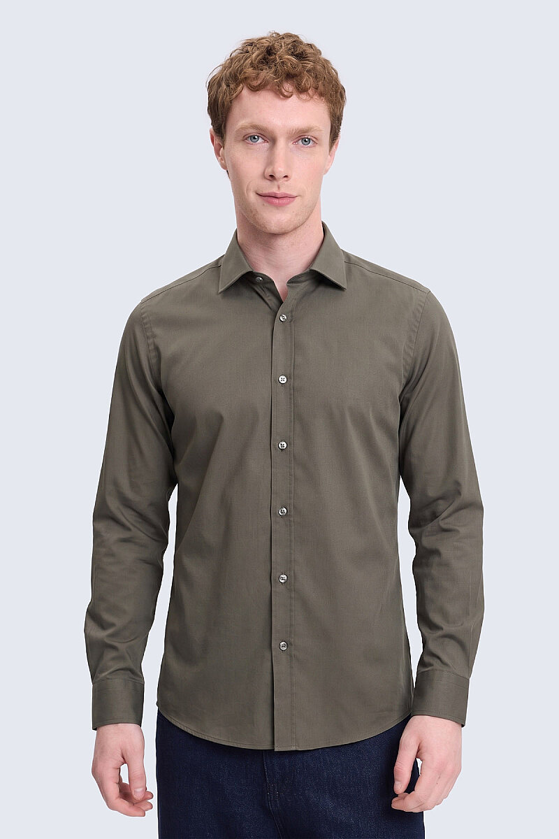 Haki Slim Fit Uzun Kollu 100% Pamuk Casual Flanel Gömlek