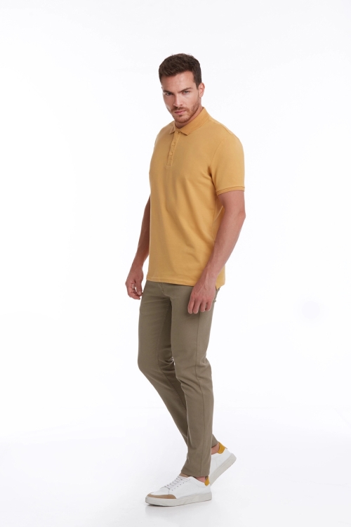 Sarı Regular Fit Düz 100% Pamuk Polo Yaka Tişört - Thumbnail (2)