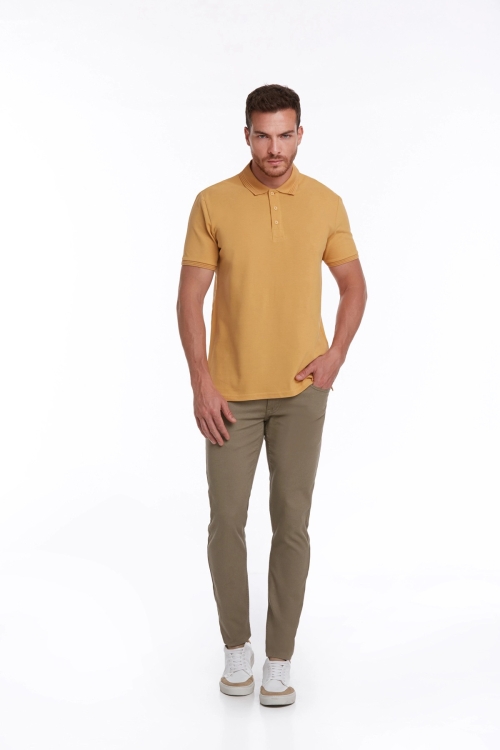Sarı Regular Fit Düz 100% Pamuk Polo Yaka Tişört - Thumbnail (3)