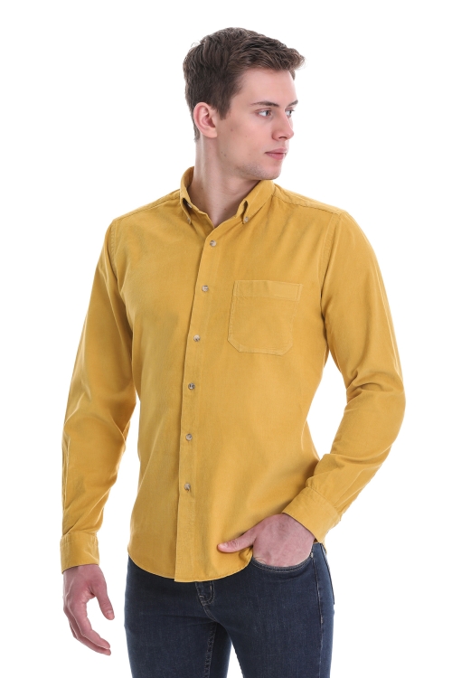 Sarı Slim Fit Düz 100% Pamuklu Düğmeli Yaka Uzun Kollu Klasik Gömlek - Thumbnail (1)