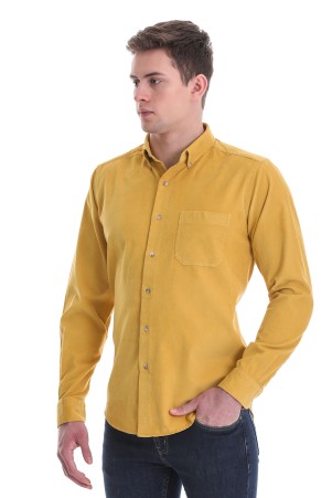 Sarı Slim Fit Düz 100% Pamuklu Düğmeli Yaka Uzun Kollu Klasik Gömlek - Thumbnail