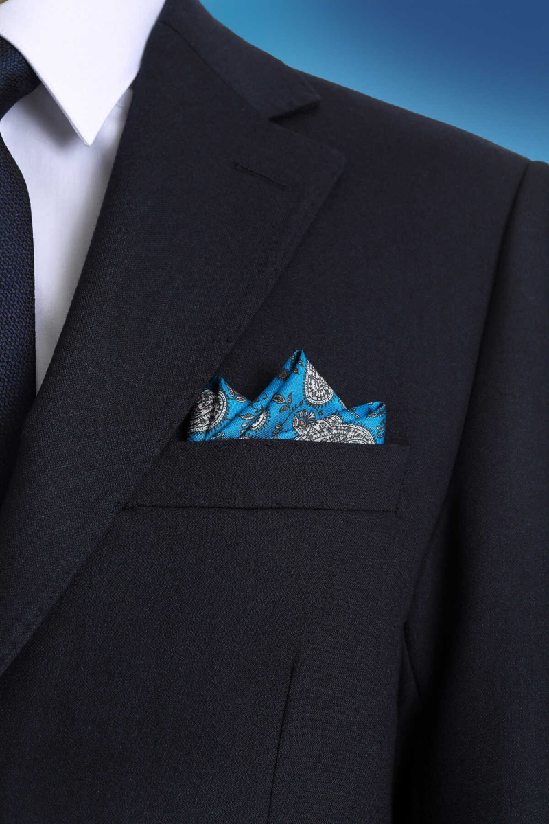 Indigo Desenli Klasik Saten Cep Mendili - Hatem Saykı