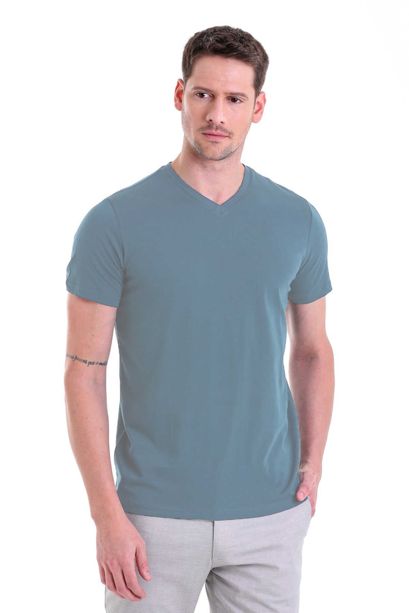 Mavi Regular Fit Düz 100% Pamuklu V Yaka Tişört - HTML (1)