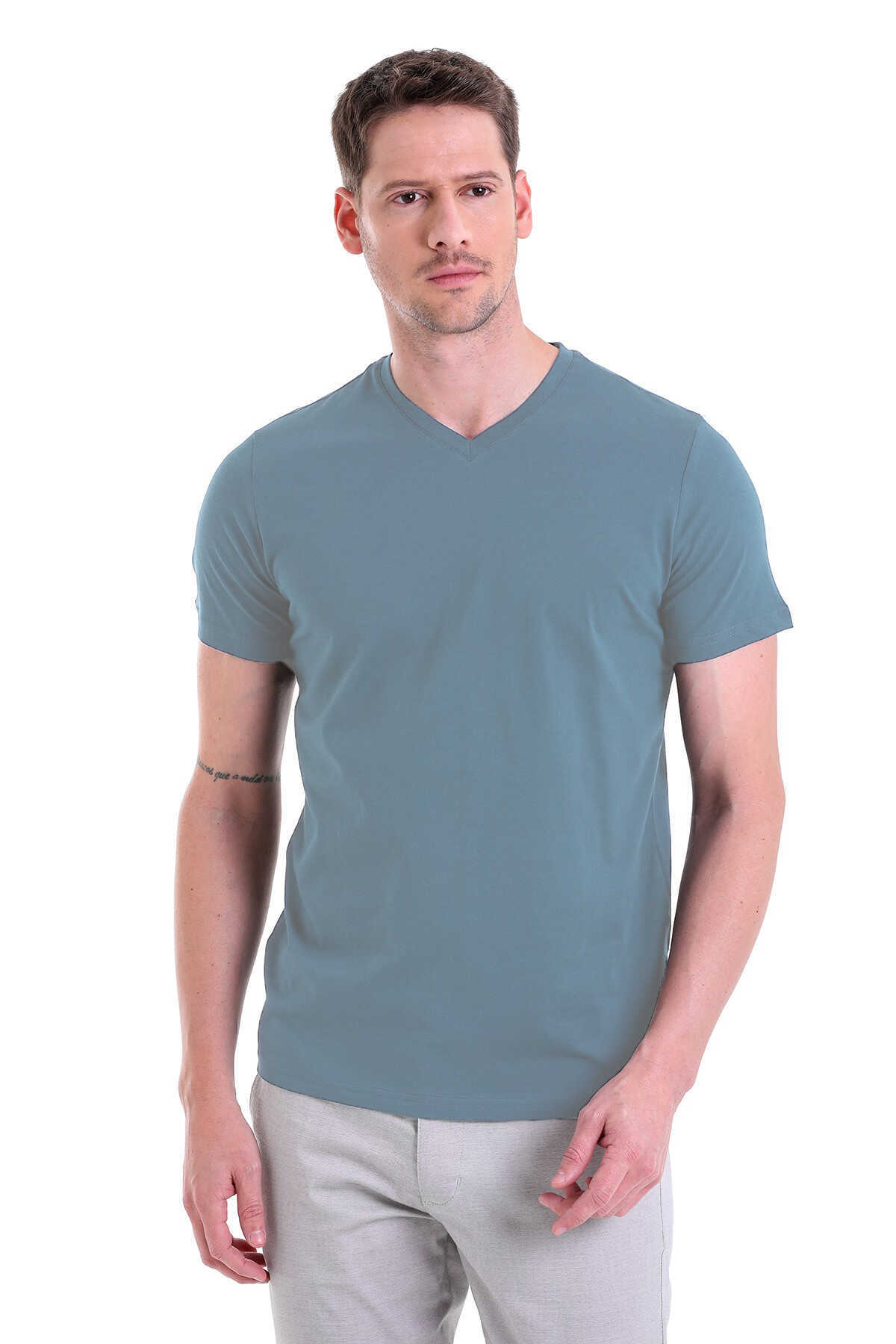 Mavi Regular Fit Düz 100% Pamuklu V Yaka Tişört - 4