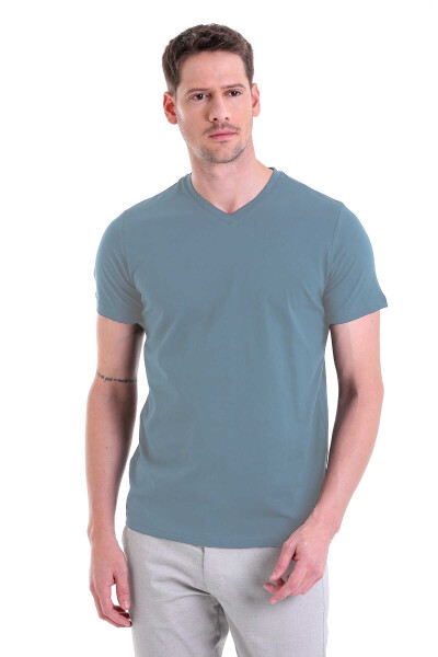 Mavi Regular Fit Düz 100% Pamuklu V Yaka Tişört - 4