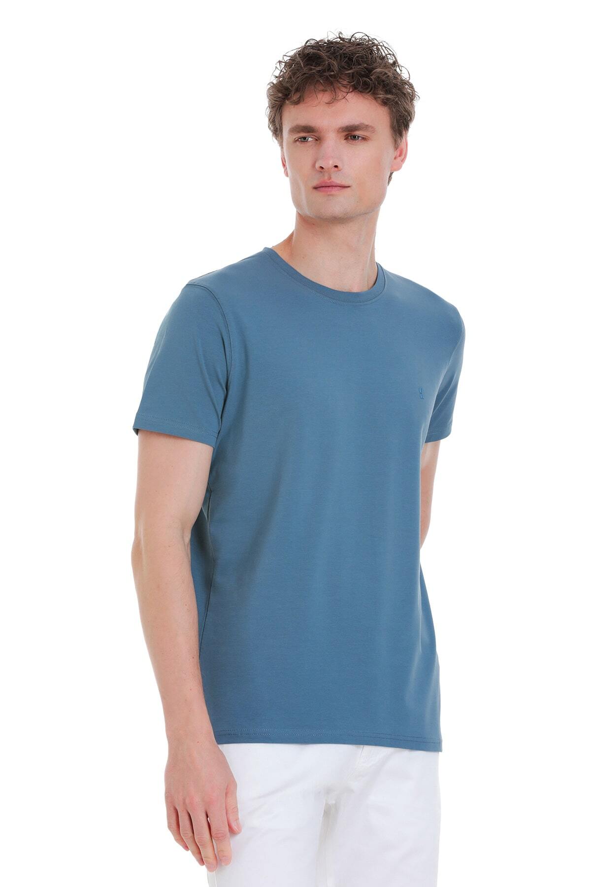 İndigo Regular Fit Bisiklet Yaka Pamuklu Tişört - 3