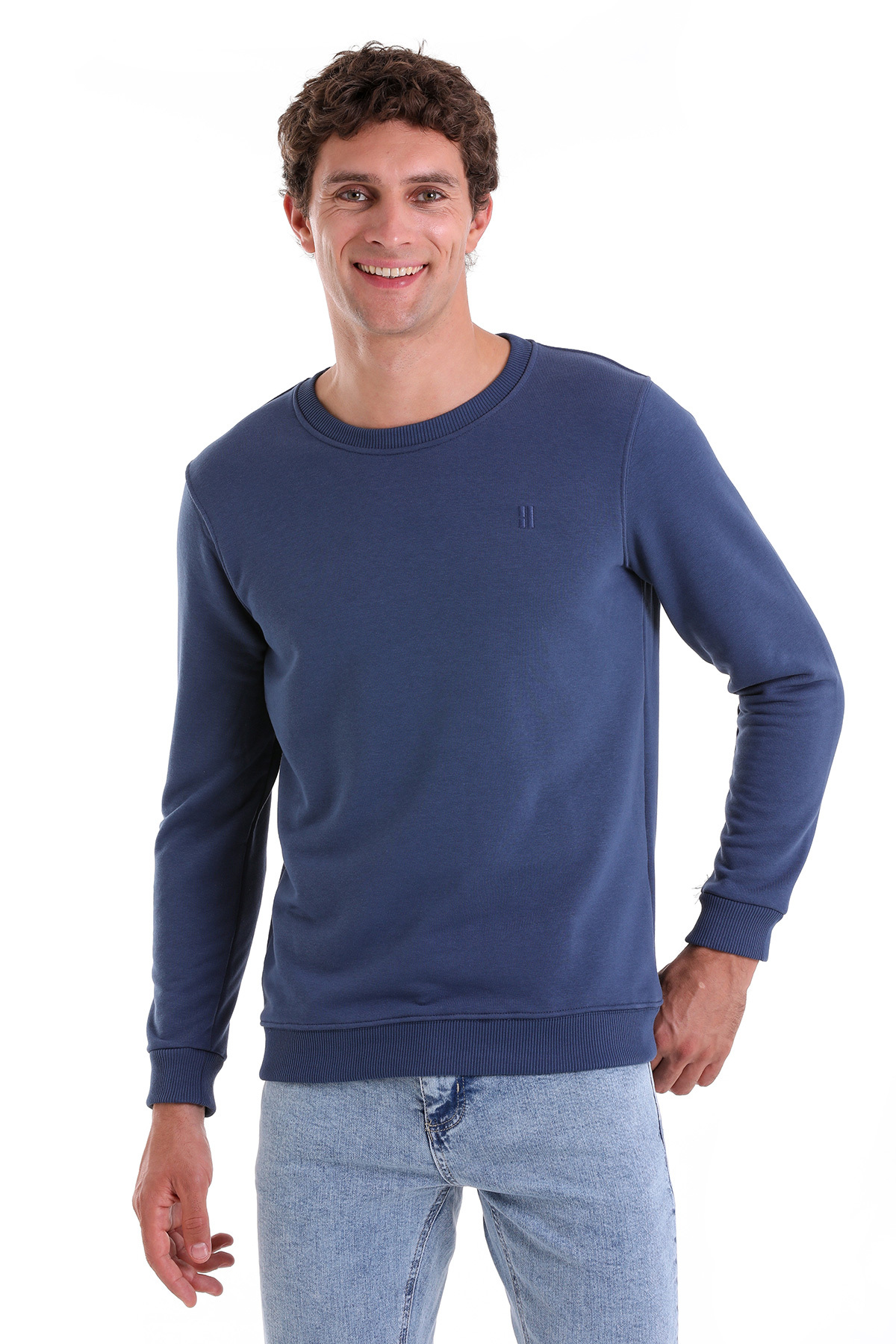 Mavi Regular Fit Düz Pamuklu Bisiklet Yaka Sweatshirt - 1
