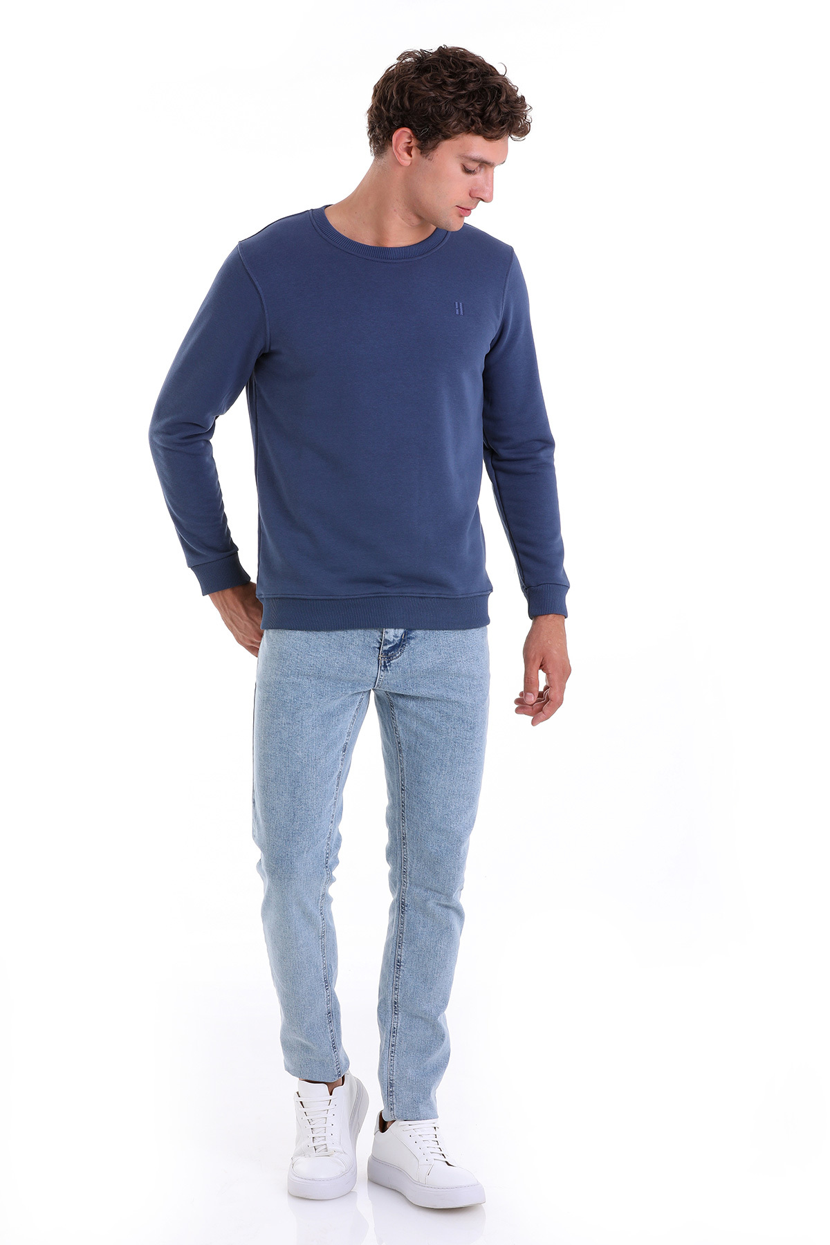 Mavi Regular Fit Düz Pamuklu Bisiklet Yaka Sweatshirt - 2