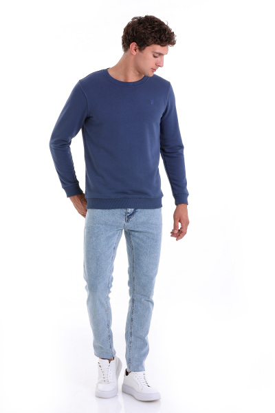 Mavi Regular Fit Düz Pamuklu Bisiklet Yaka Sweatshirt - 2