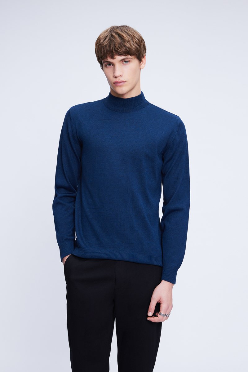 Mavi Regular Fit Düz Yarım Balıkçı Yaka Yünlü Triko Kazak - Hatemoğlu