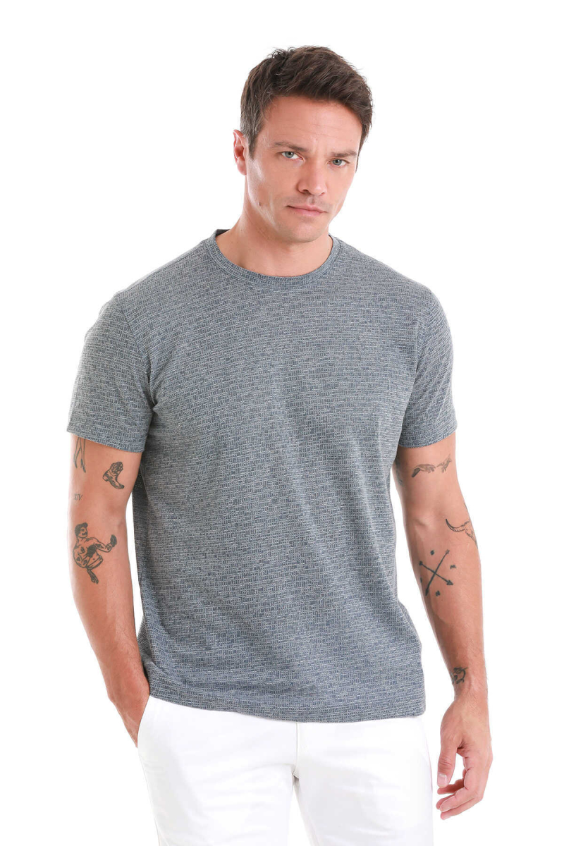Gri Regular Fit Bisiklet Yaka Keten Tişört - Hatem Saykı