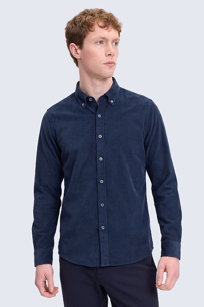 Mavi Slim Fit 100% Pamuklu Düğmeli Yaka Uzun Kollu Klasik Gömlek