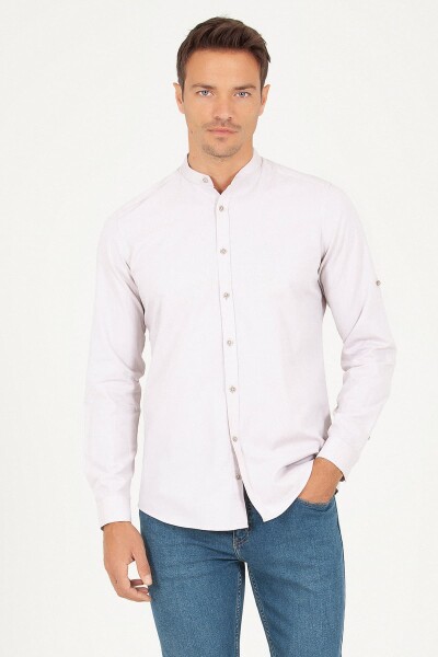 Bej Slim Fit 100% Pamuk Uzun Kol Spor Gömlek 