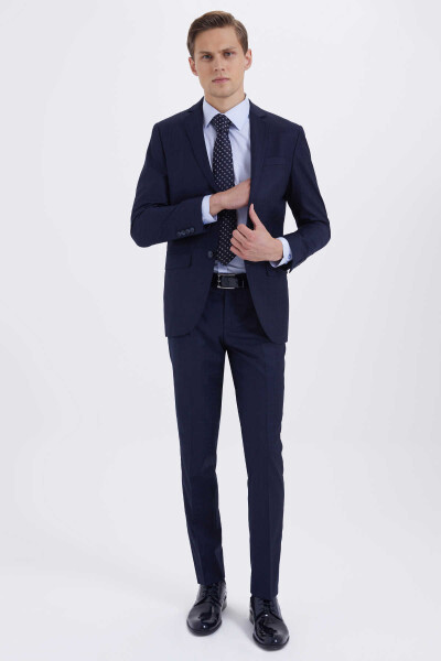 Lacivert Kareli Slim Fit Takım Elbise - 1