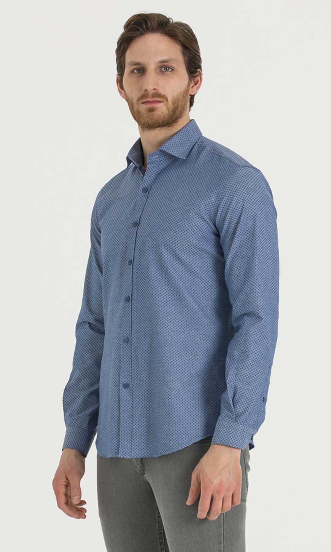 Baskılı Slim Fit Mavi Gömlek