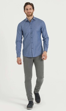 Baskılı Slim Fit Mavi Gömlek - Thumbnail