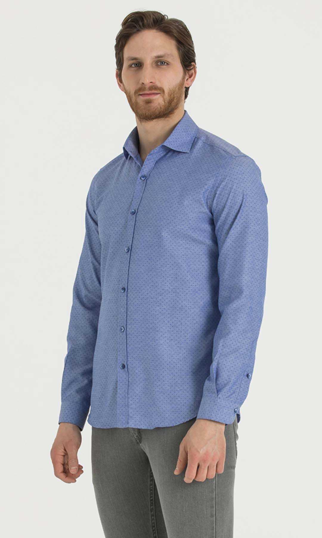 Mavi Baskılı Slim Fit Gömlek