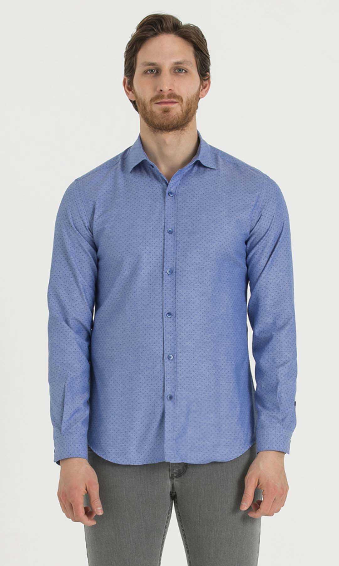 Mavi Baskılı Slim Fit Gömlek