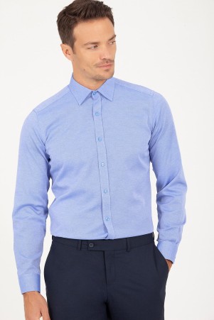 Mavi Slim Fit Desenli Pamuklu Uzun Kol Spor Gömlek - Thumbnail