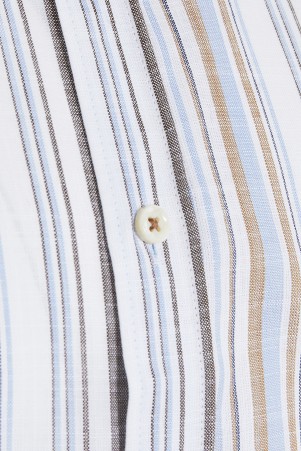 Kahverengi Slim Fit Çizgili 100% Pamuk Slim Yaka Uzun Kollu Klasik Gömlek - Thumbnail