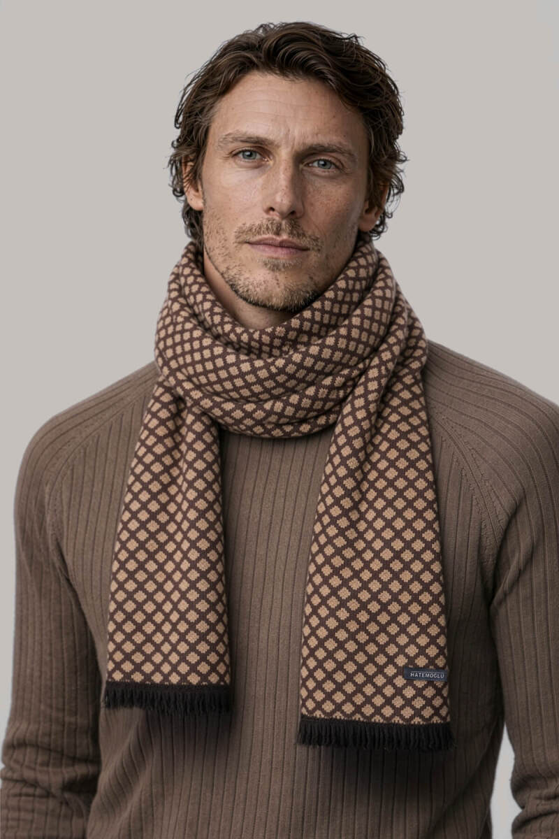 Kahverengi - Camel Desenli Atkı - Hatemoğlu