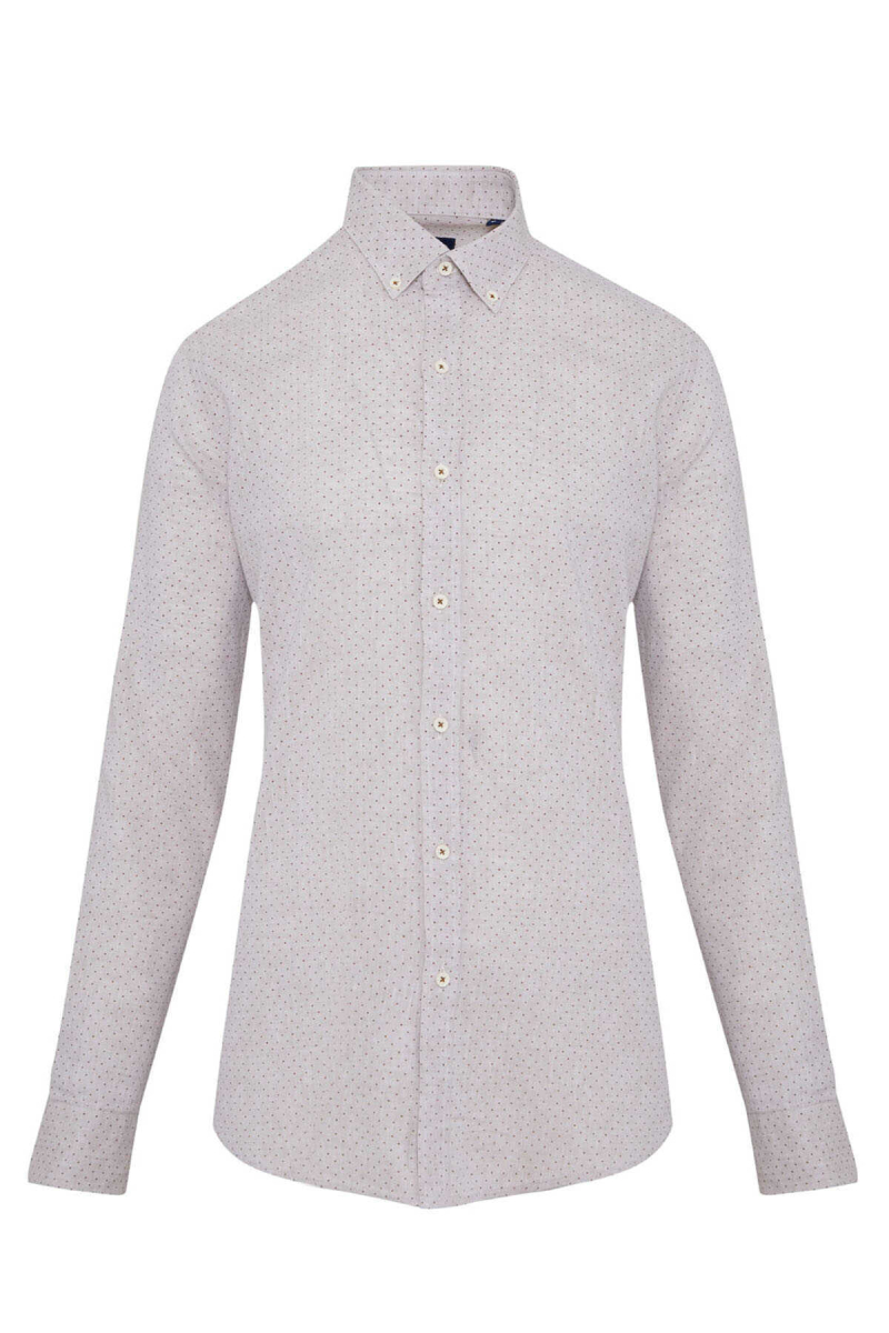 Kahverengi Slim Fit Baskılı Düğmeli Yaka Uzun Kollu Casual Keten Gömlek - Hatemoğlu