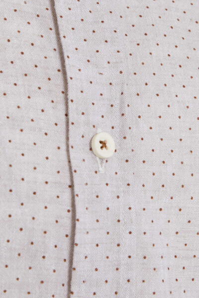 Kahverengi Slim Fit Baskılı Düğmeli Yaka Uzun Kollu Casual Keten Gömlek - 3