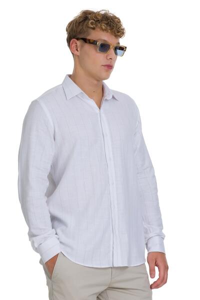 Kahverengi Comfort Fit 100% Pamuk Çizgili Slim Yaka Uzun Kollu Spor Gömlek - 5