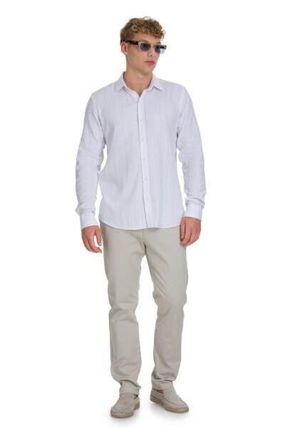 Kahverengi Comfort Fit 100% Pamuk Çizgili Slim Yaka Uzun Kollu Spor Gömlek - 2