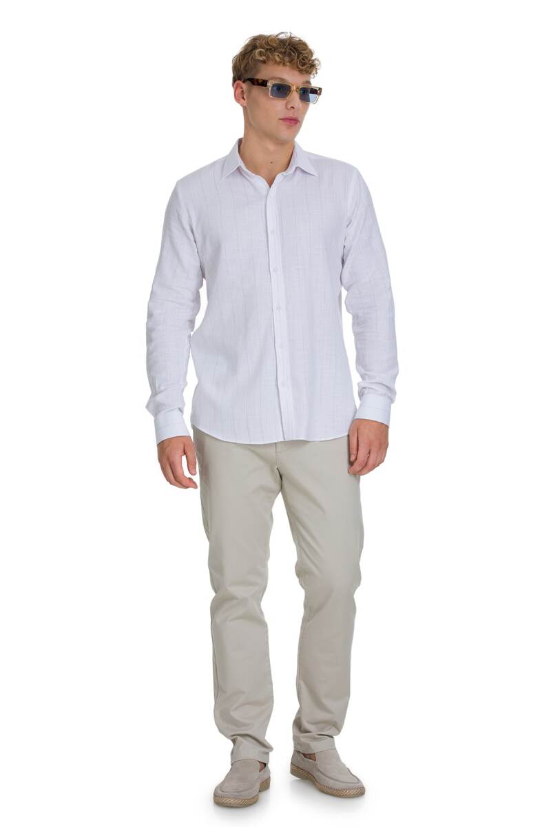 Kahverengi Comfort Fit 100% Pamuk Çizgili Slim Yaka Uzun Kollu Spor Gömlek - Saykı (1)