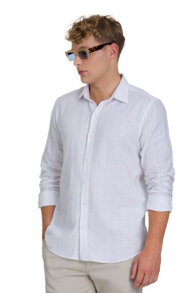 Kahverengi Comfort Fit 100% Pamuk Çizgili Slim Yaka Uzun Kollu Spor Gömlek - 3