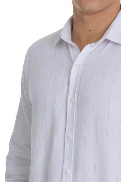 Kahverengi Comfort Fit 100% Pamuk Çizgili Slim Yaka Uzun Kollu Spor Gömlek - 4