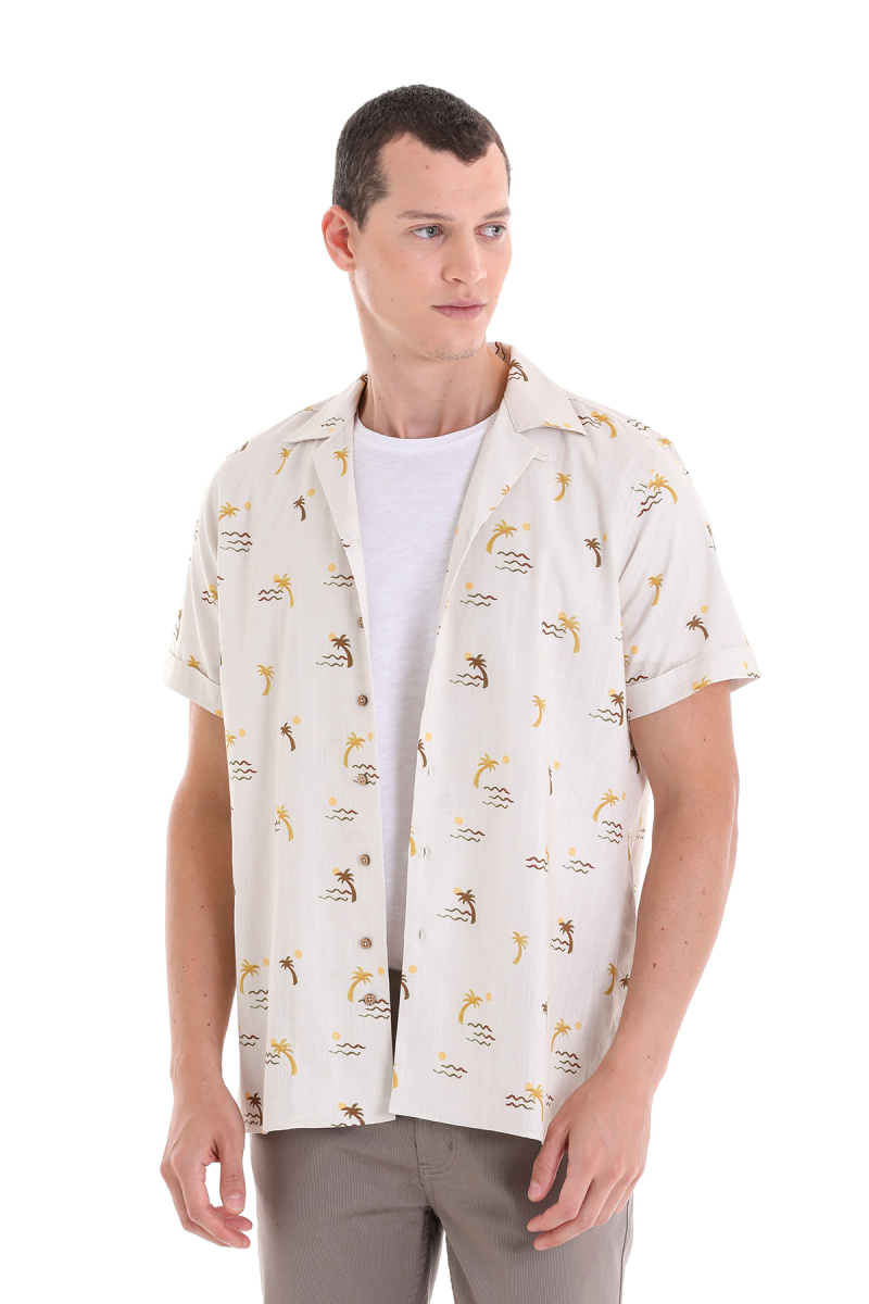 Kahverengi Comfort Fit Baskılı Apaş Yaka 100% Pamuklu Kısa Kollu Casual Gömlek - HTML