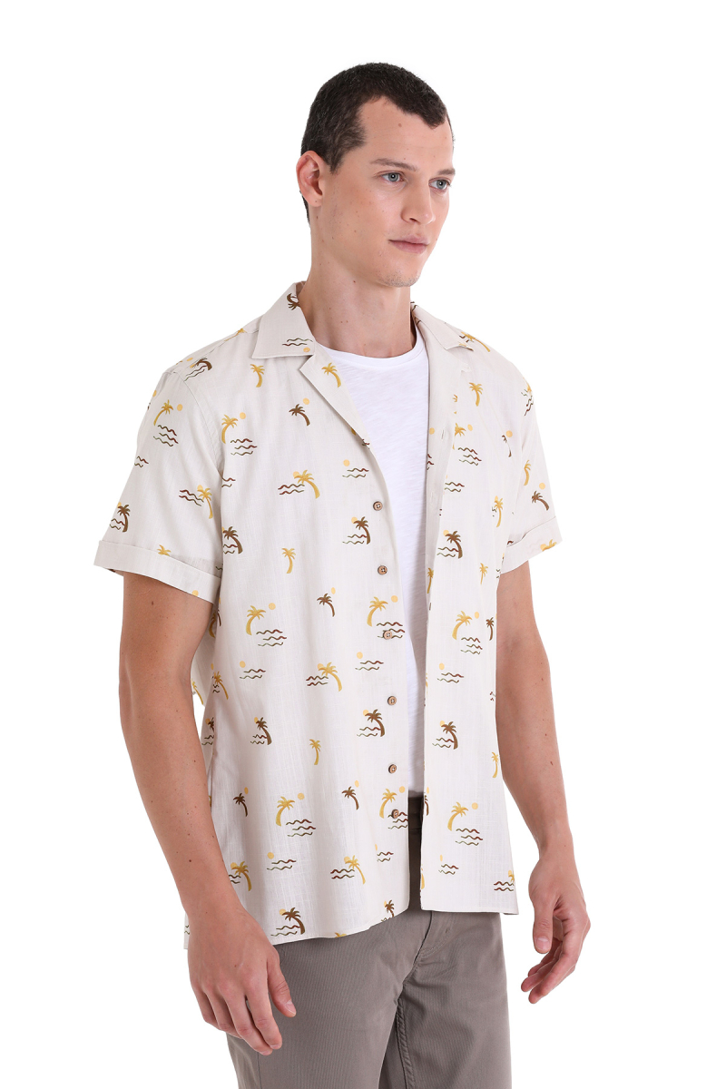 Kahverengi Comfort Fit Baskılı Apaş Yaka 100% Pamuklu Kısa Kollu Casual Gömlek - HTML (1)