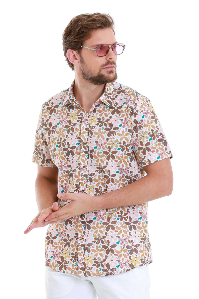 Kahverengi Comfort Fit Baskılı 100% Pamuk Slim Yaka Kısa Kollu Gömlek - Hatem Saykı (1)