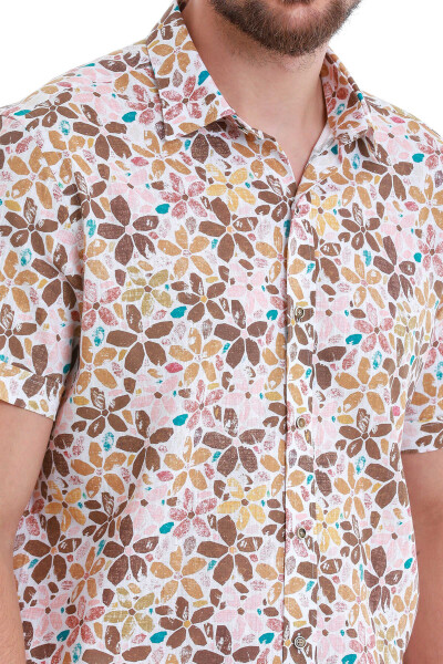 Kahverengi Comfort Fit Baskılı 100% Pamuk Slim Yaka Kısa Kollu Gömlek - 5