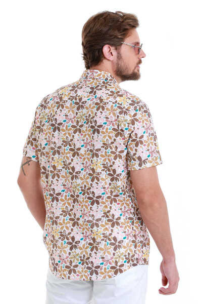 Kahverengi Comfort Fit Baskılı 100% Pamuk Slim Yaka Kısa Kollu Gömlek - 6