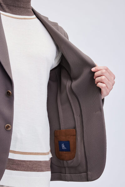 Kahverengi Comfort Fit Desenli Mono Yaka Klasik Ceket - 5