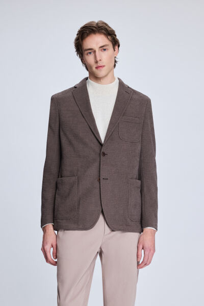 Kahverengi Comfort Fit Desenli Mono Yaka Klasik Ceket 