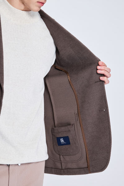 Kahverengi Comfort Fit Desenli Mono Yaka Klasik Ceket - 4