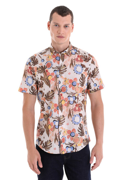 Kahverengi Comfort Fit Baskılı Düğmeli Yaka 100% Pamuklu Kısa Kollu Casual Gömlek - 2