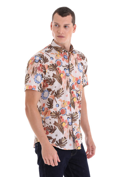 Kahverengi Comfort Fit Baskılı Düğmeli Yaka 100% Pamuklu Kısa Kollu Casual Gömlek - 5