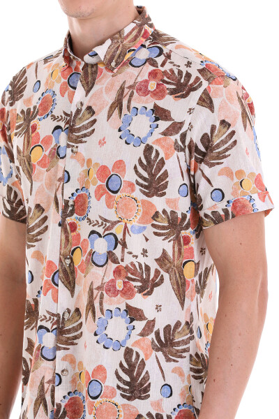 Kahverengi Comfort Fit Baskılı Düğmeli Yaka 100% Pamuklu Kısa Kollu Casual Gömlek - 6