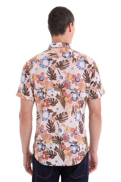 Kahverengi Comfort Fit Baskılı Düğmeli Yaka 100% Pamuklu Kısa Kollu Casual Gömlek - 7