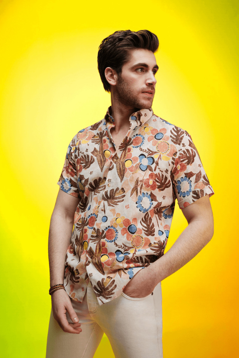 Kahverengi Comfort Fit Baskılı Düğmeli Yaka 100% Pamuklu Kısa Kollu Casual Gömlek - HTML